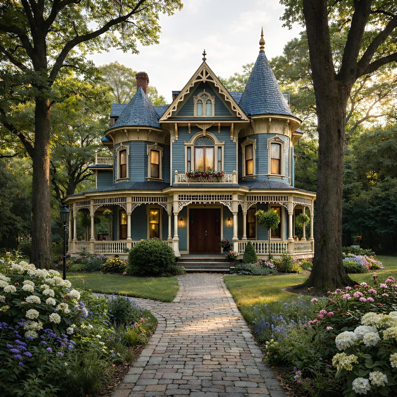 Victorian mansion with turrets and ornate porch surrounded by lush garden and brick walkway