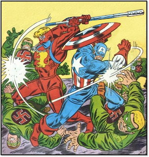 Comic art of Captain America with shield battling soldiers alongside a red-costumed hero