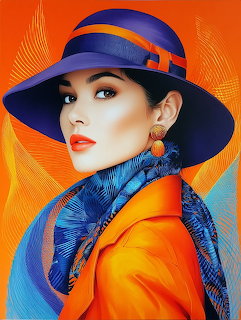 Stylized portrait of a woman in a purple hat, orange jacket, and blue scarf on an orange background