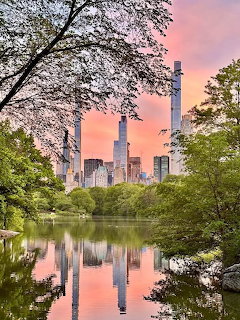New York City skyline reflected in a lake with trees and a pink sunset sky