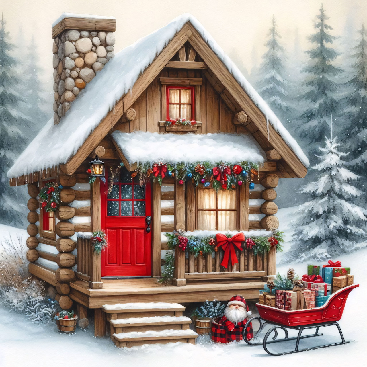 Snow-covered log cabin decorated for Christmas with a red door and gift-filled sleigh in a winter forest