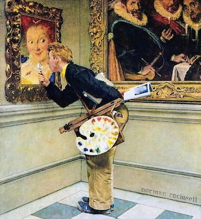 Norman Rockwell painting of a young artist with easel and palette studying paintings in an art museum