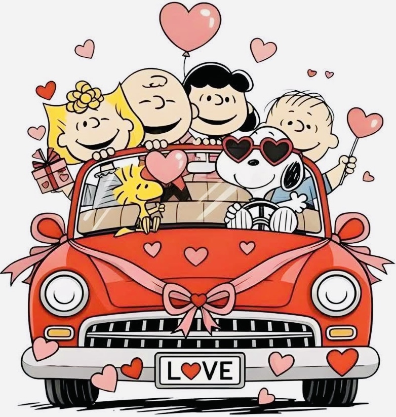 Peanuts characters in red car with hearts for Valentine's Day