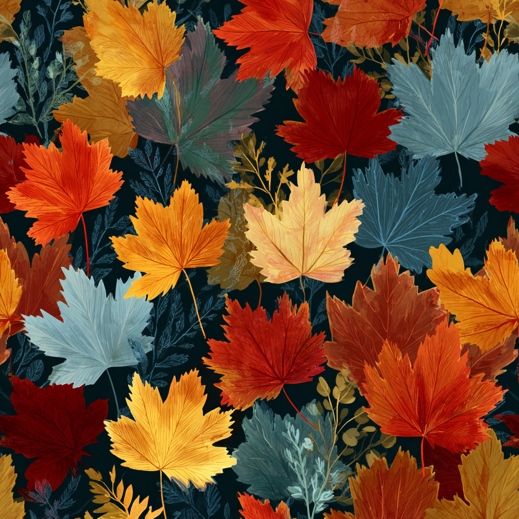 Colorful autumn maple leaves in orange, yellow, red, and blue scattered on dark background