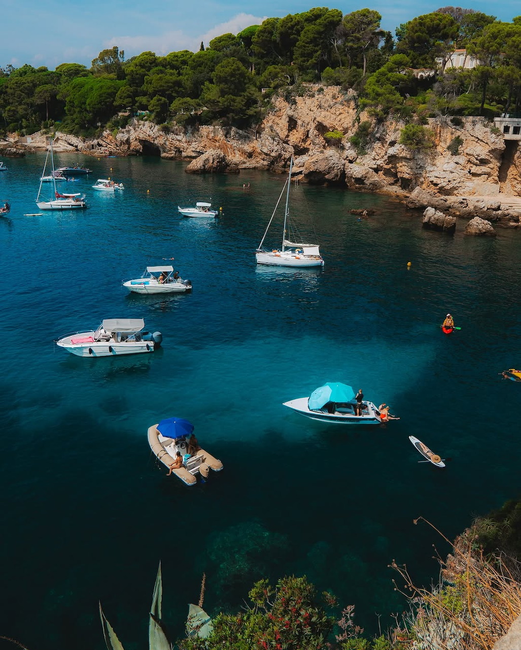 Aerial view of turquoise Mediterranean cove with multiple boats anchored near rocky pine-covered cliffs
