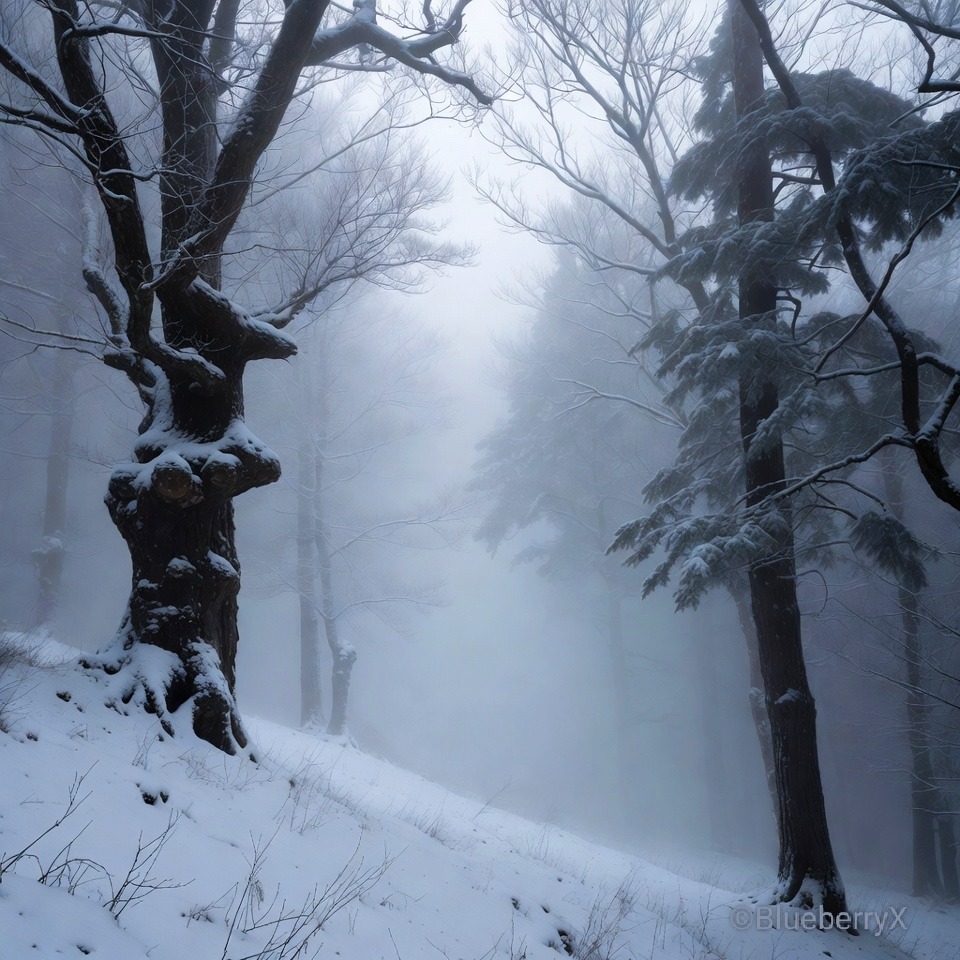 Snowy forest path through foggy bare trees in winter