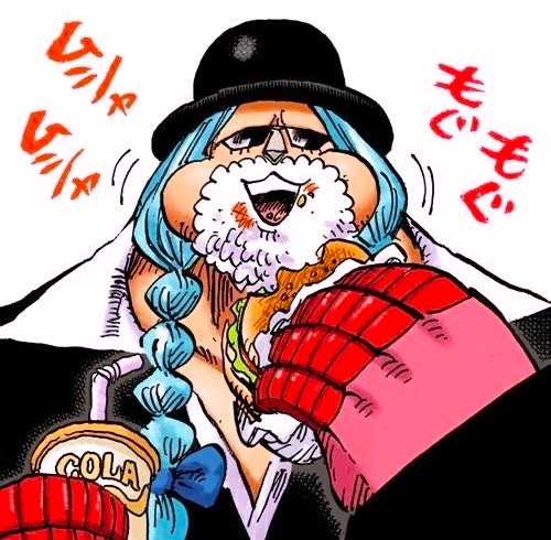 Anime character with blue braids, top hat, holding red fan, laughing with open mouth and Japanese text around