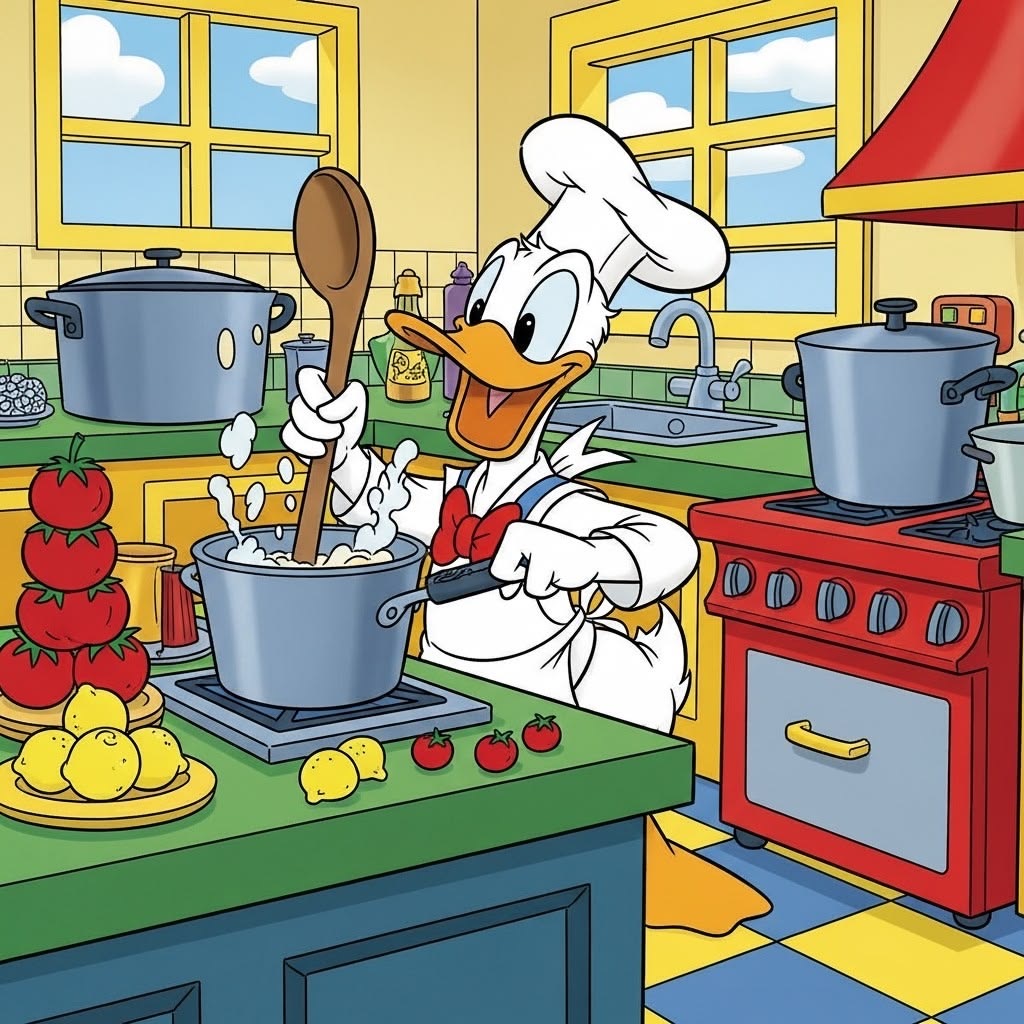 Donald Duck cartoon character cooking in a bright yellow and blue kitchen with multiple pots and fresh vegetables