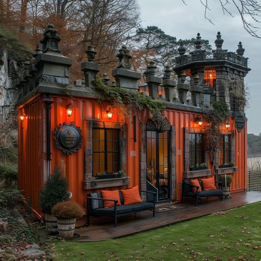 Small red cottage with warm lights, black trim, and an ornate tower beside rocky cliffs