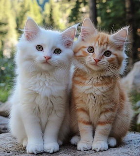 White kitten and orange tabby kitten sitting together outdoors on a rock