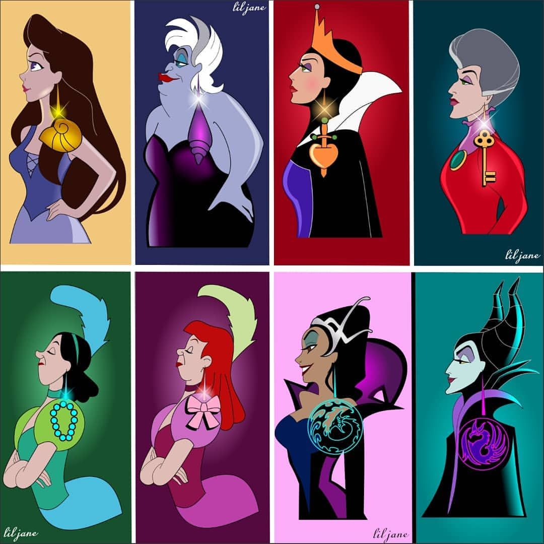 Collage of eight stylized Disney character portraits in colorful rectangular panels