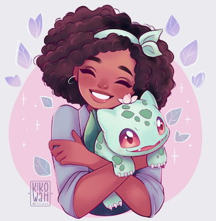 Illustration of a smiling girl with curly hair hugging a Bulbasaur against a pastel pink background with leaves