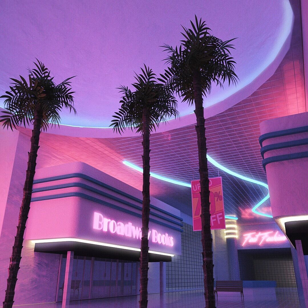 Vaporwave style mall with neon pink and purple lighting, palm tree silhouettes, and retro futuristic architecture