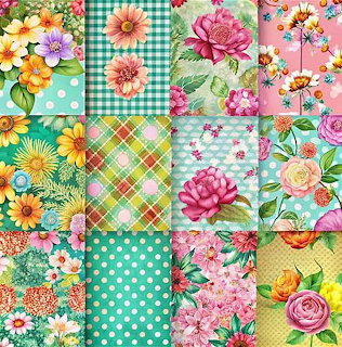 Patchwork quilt grid with floral fabrics, gingham, polka dots and plaid in pastel colors