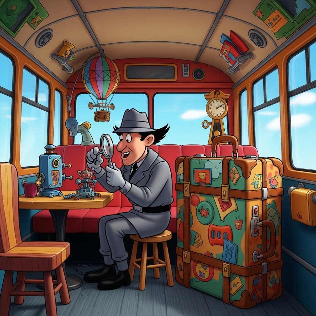 Inspector Gadget in a cartoon train carriage with luggage, gadgets, and a magnifying glass