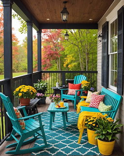Bright porch with turquoise chairs and yellow accents facing colorful fall trees