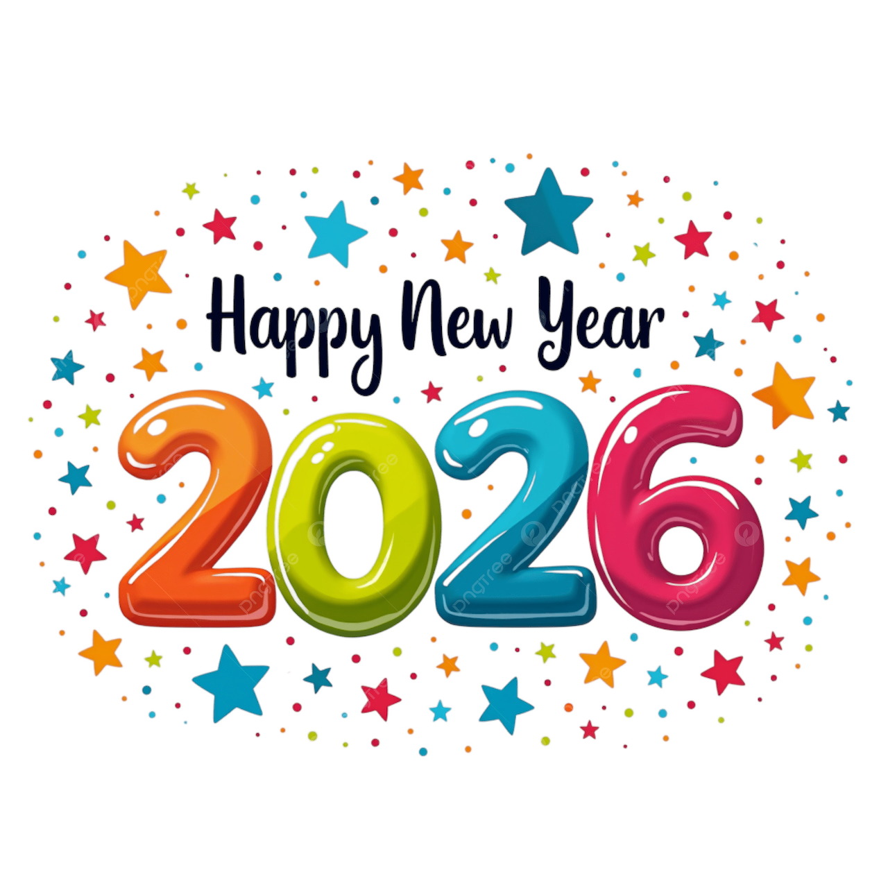 Happy New Year 2026 with colorful numbers and stars on white background