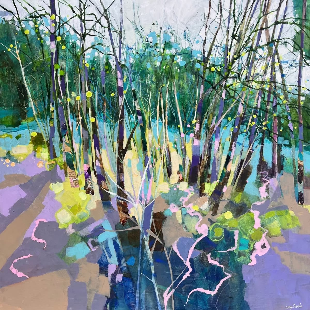 Abstract mixed media painting of colorful trees in blue, green, yellow and purple with expressive brushstrokes