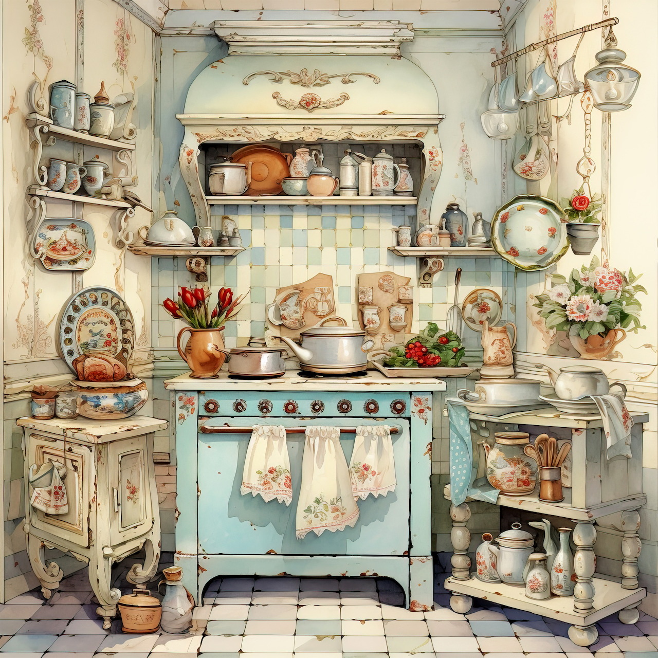 Watercolor illustration of a rustic country kitchen with blue vintage stove and wooden shelves filled with dishes