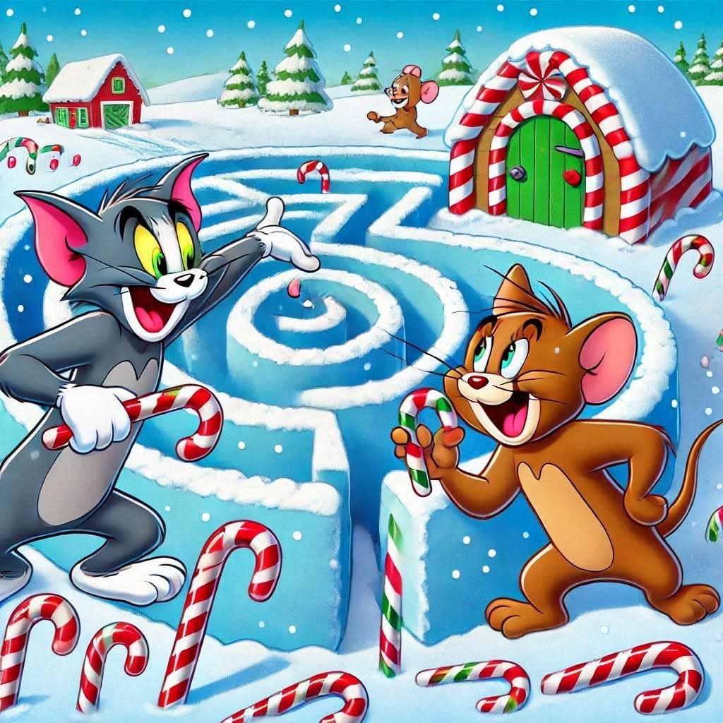 Tom and Jerry cartoon characters holding candy canes beside a spiral maze in a snowy Christmas landscape