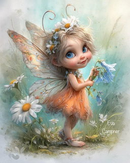 Cute fairy child with butterfly wings and flower crown holding a blue flower among daisies