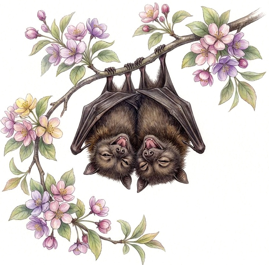 Two bats hanging upside down from flowering branches with pink and purple blossoms