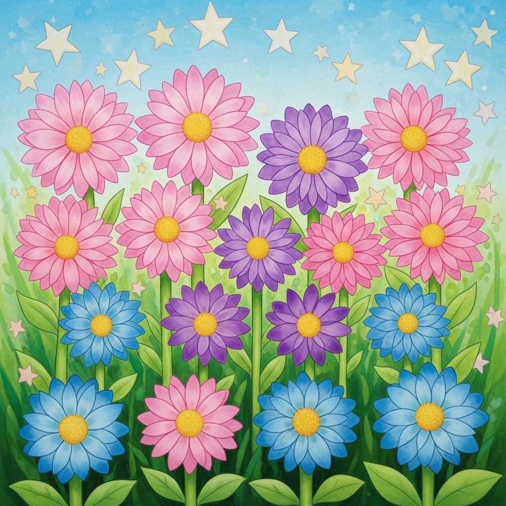 Colorful daisy flowers in pink, purple, and blue with yellow centers arranged in a garden with stars above