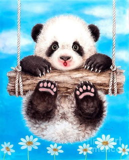 Illustration of a cute baby panda clinging to a wooden swing with daisies and blue sky