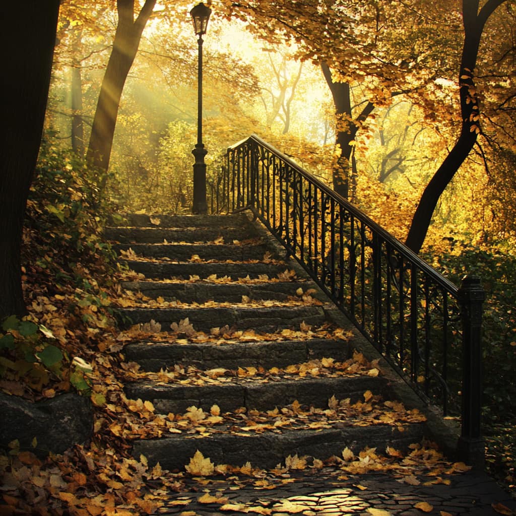 Stone stairs covered in autumn leaves ascending through a foggy golden forest with black metal railing