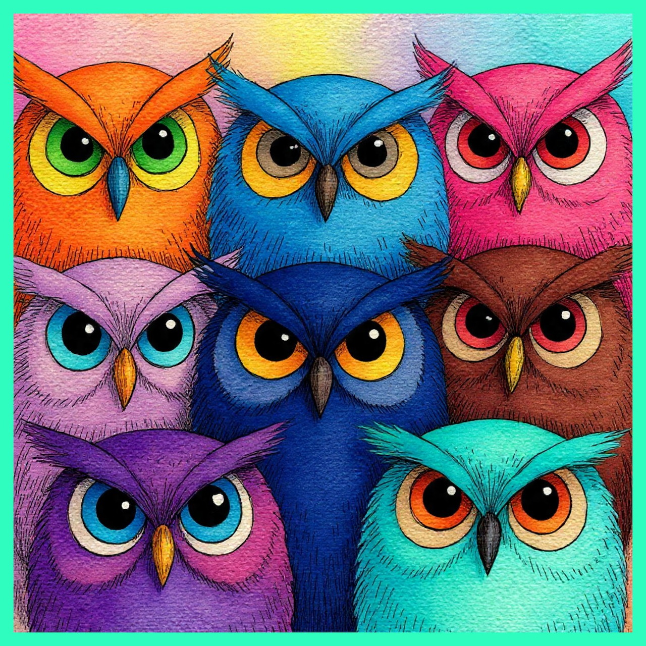 Grid of nine colorful cartoon owls with large eyes in orange, blue, pink, purple, brown and turquoise
