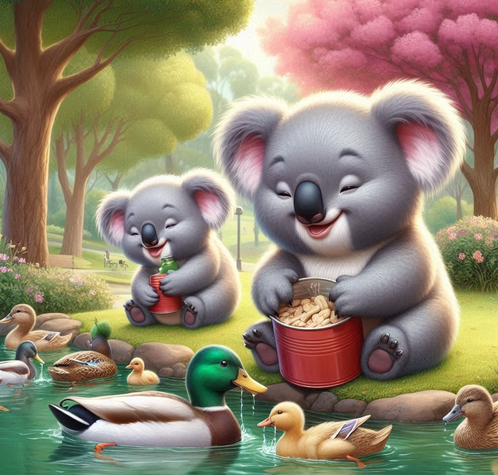 Two cartoon koalas sitting by a pond feeding ducks, surrounded by colorful trees and flowers in a bright garden scene