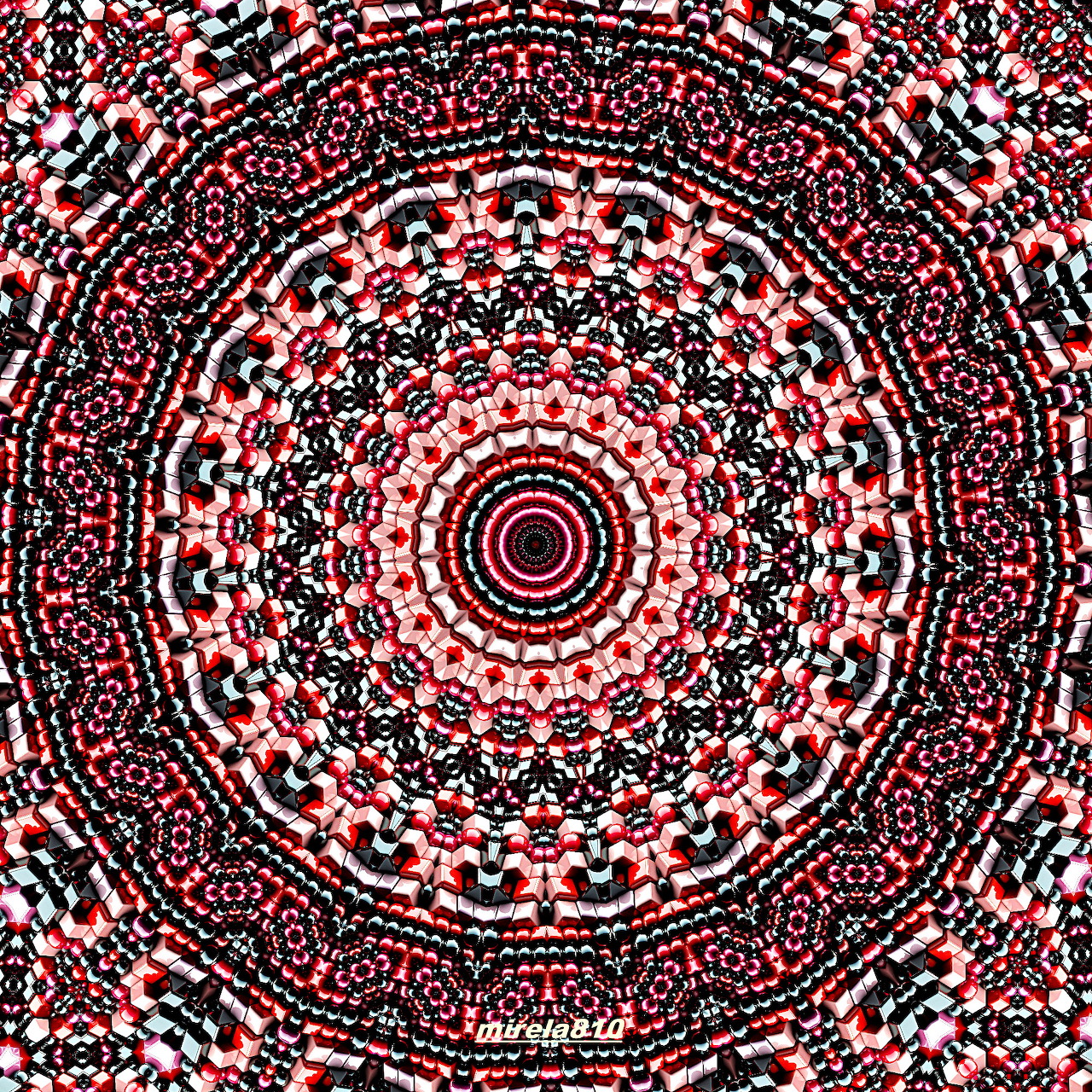 Intricate red, black and white mandala with radial symmetry and geometric patterns