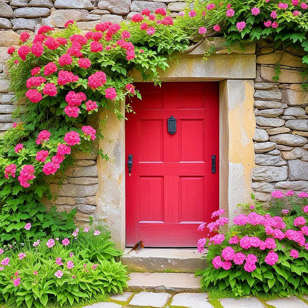 Red wooden door surrounded by pink flowers and stone wall