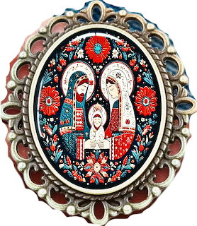 Decorative oval brooch with folk art Holy Family illustration surrounded by red flowers and ornate silver frame