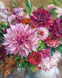 Painting of a bouquet of pink, magenta, and white dahlias with green foliage