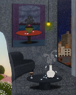 3D rendered modern interior with round table, vase, espresso martini, wall art, and armchair in moody lighting