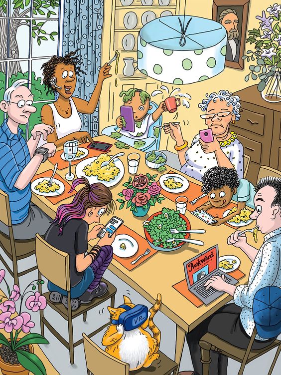 Cartoon family of multiple generations eating dinner together at a table with cake and food