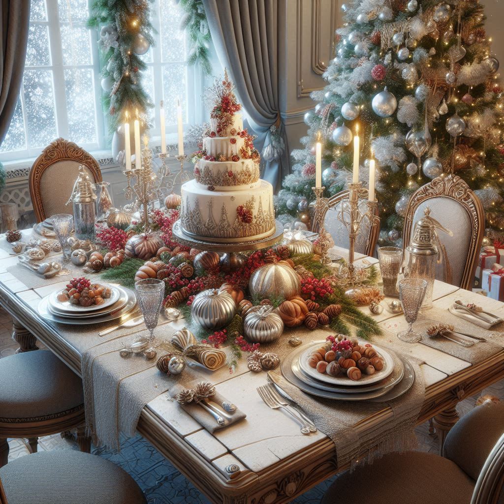 Festive Christmas dining table with candles, ornaments, fruit, cake, and a decorated tree by the window