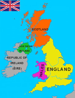 Political map of the British Isles with color-coded regions: England, Scotland, Wales, Northern Ireland, and Republic of Ireland