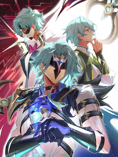 Anime characters with blue hair in dramatic poses with red geometric background