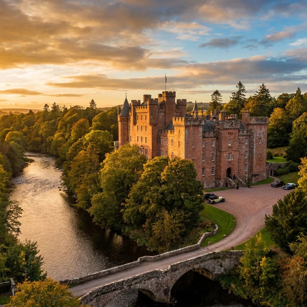 Dalhousie Castle beside a river at sunset, surrounded by trees in Scotland
