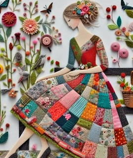 Woman in patchwork quilt dress surrounded by fabric flowers and buttons in mixed media collage art