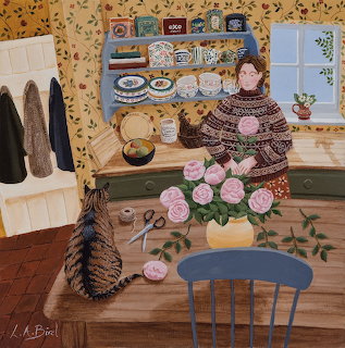 Folk art painting showing woman with pink peonies in rustic kitchen with cat and pottery on shelves