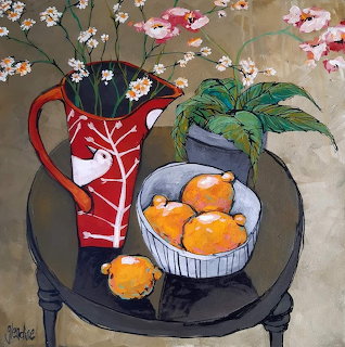 Still life painting showing oranges, flowers in red pitcher, and potted plant on black table