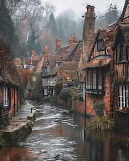 Misty English village with brick and half-timbered houses along a narrow canal on a rainy day