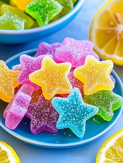 Colorful sugar-coated star-shaped gummy candies on blue plates with lemon slices