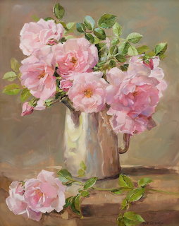 Oil painting of pink roses in a silver pitcher vase with green leaves on a neutral background