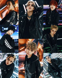 Collage of seven K-pop male artists in black outfits with neon lights in the background