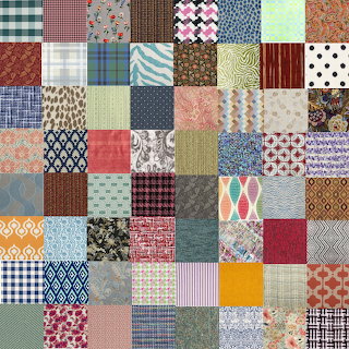 Patchwork collage of colorful fabric squares with many patterns and textures arranged in a grid