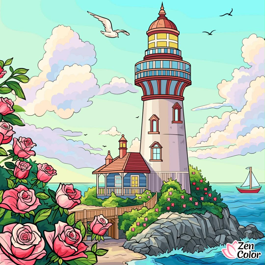 Illustrated lighthouse and cottage by the sea with pink roses, rocky shore, pastel clouds, and a sailboat